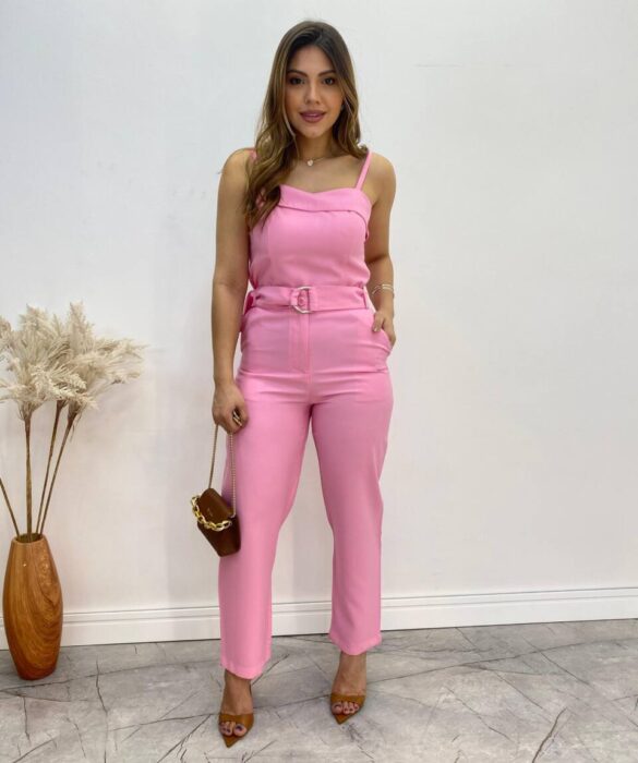 Conjunto Bella Cropped sem Bojo Alça Regulável Calça com Cinto Rosa - Fernanda Ramos Store