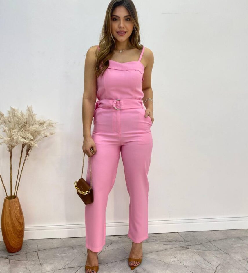 Conjunto Bella Cropped sem Bojo Alça Regulável Calça com Cinto Rosa - Fernanda Ramos Store