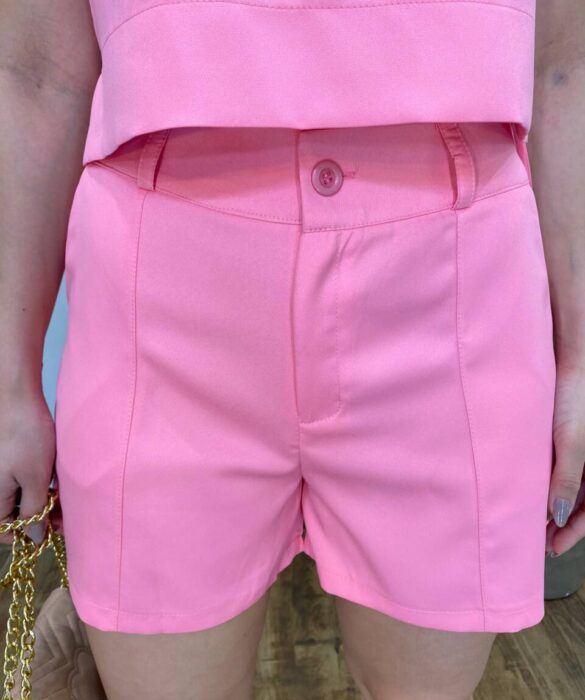 Conjunto Feminino Alfaiataria Chloe Cropped e Short com Cinto Rosa - Fernanda Ramos Store