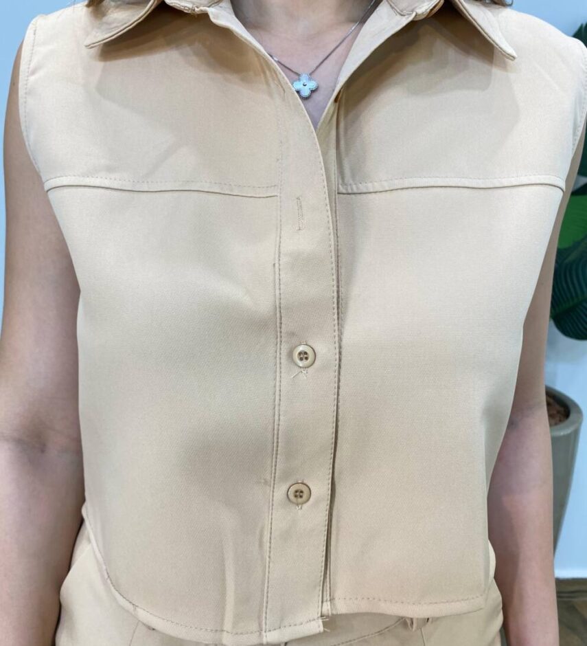 Conjunto Feminino Alfaiataria Malu Cropped com Botões e Short Bege - Fernanda Ramos Store