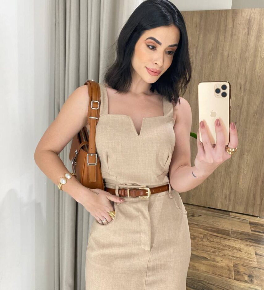 Conjunto Feminino Ana Cropped sem Bojo e Saia Longa Bege - Fernanda Ramos Store