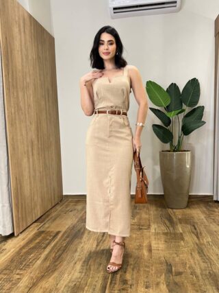 Conjunto Feminino Ana Cropped sem Bojo e Saia Longa Bege - Fernanda Ramos Store