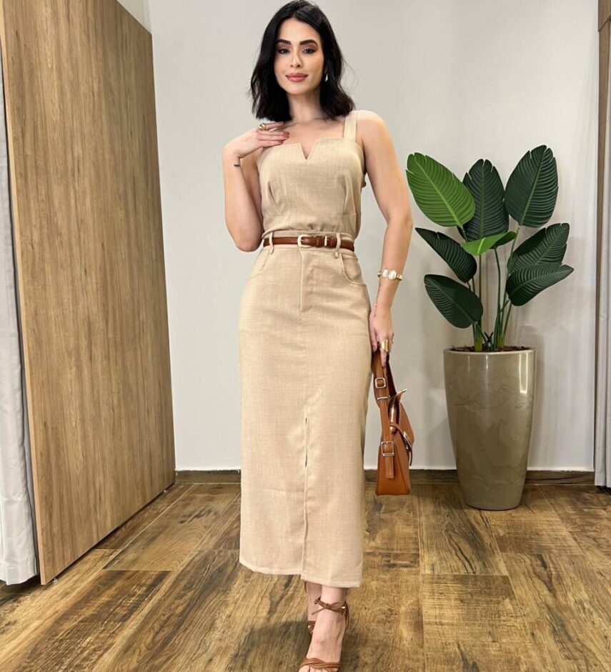 Conjunto Feminino Ana Cropped sem Bojo e Saia Longa Bege - Fernanda Ramos Store