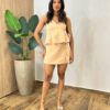 Conjunto Feminino Bella Cropped sem Bojo e Short Saia com Zíper Bege - Fernanda Ramos Store