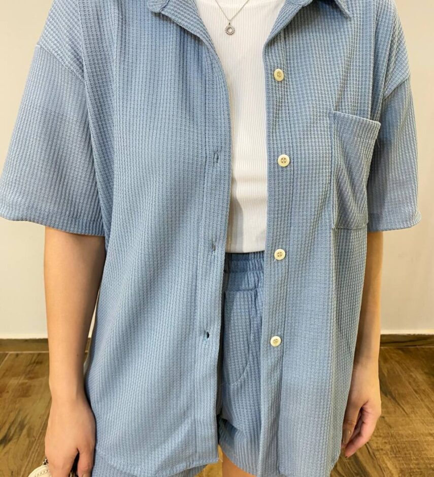 Conjunto Feminino Clara Camisa com Bolso e Short Azul - Fernanda Ramos Store
