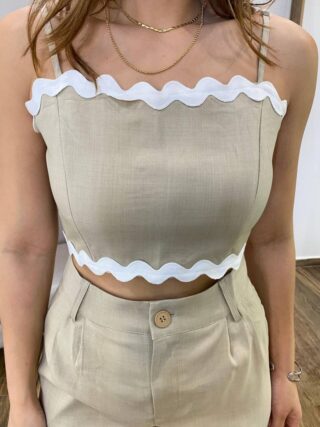 Conjunto Feminino Cropped sem Bojo e Short com Cinto Sianinha Bege - Fernanda Ramos Store