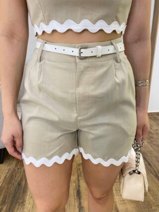 Conjunto Feminino Cropped sem Bojo e Short com Cinto Sianinha Bege - Fernanda Ramos Store