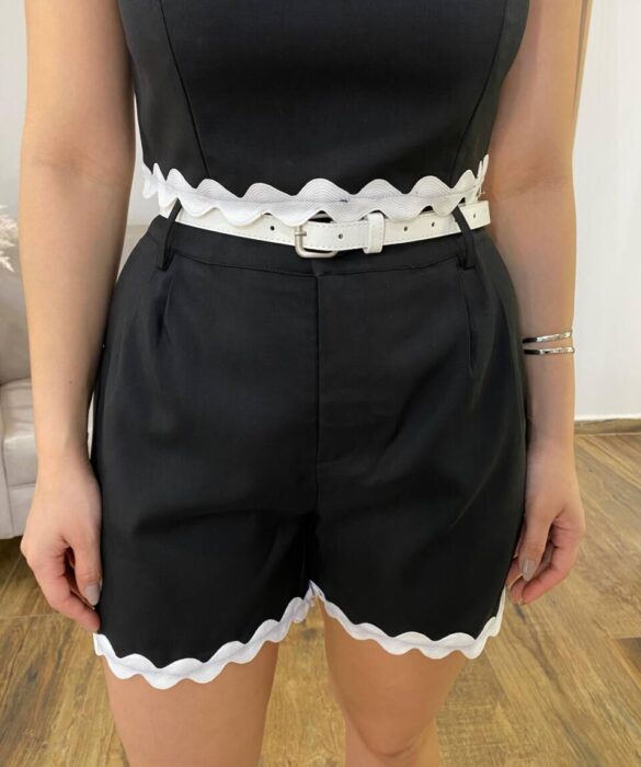 Conjunto Feminino Cropped sem Bojo e Short com Cinto Sianinha Preto - Fernanda Ramos Store