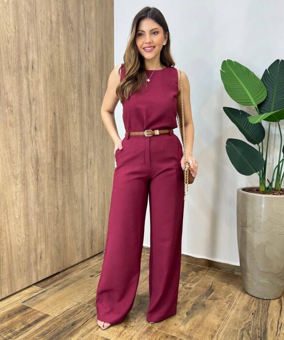 Conjunto Feminino Fernanda Regata e Calça Pantalona Vinho - Fernanda Ramos Store