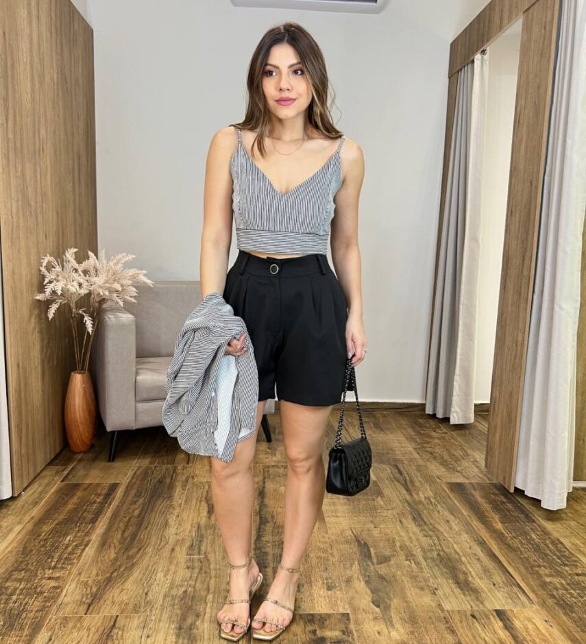 Conjunto Feminino Thais Cropped sem Bojo e Camisa Listrada Branco - Fernanda Ramos Store
