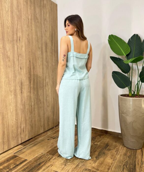 Conjunto Flor Viscolinho Cropped sem Bojo e Calça Pantalona Azul Bebê - Fernanda Ramos Store