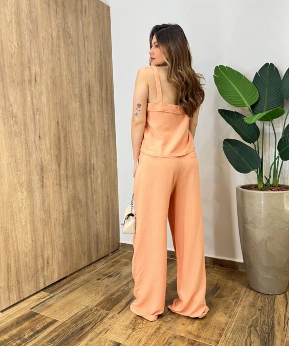 Conjunto Flor Viscolinho Cropped sem Bojo e Calça Pantalona Coral - Fernanda Ramos Store