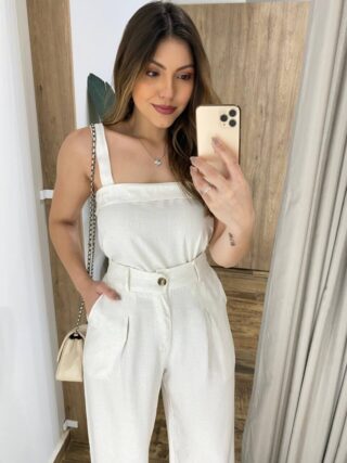 Conjunto Flor Viscolinho Cropped sem Bojo e Calça Pantalona Cru - Fernanda Ramos Store