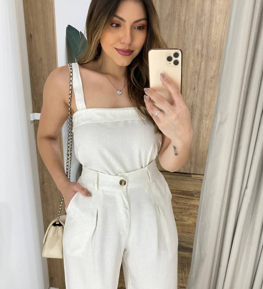 Conjunto Flor Viscolinho Cropped sem Bojo e Calça Pantalona Cru - Fernanda Ramos Store