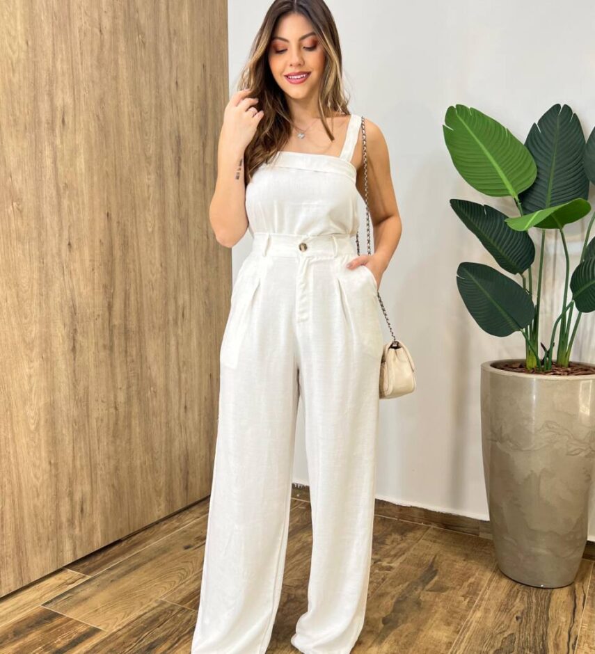 Conjunto Flor Viscolinho Cropped sem Bojo e Calça Pantalona Cru - Fernanda Ramos Store