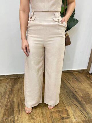 Conjunto Tayla Cropped sem Bojo Alça Regulável Calça Pantalona Bege - Fernanda Ramos Store