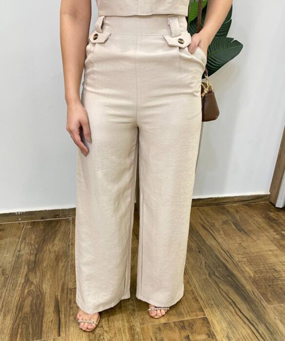 Conjunto Tayla Cropped sem Bojo Alça Regulável Calça Pantalona Bege - Fernanda Ramos Store