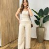 Conjunto Tayla Cropped sem Bojo Alça Regulável Calça Pantalona Bege - Fernanda Ramos Store