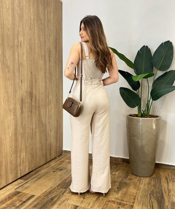 Conjunto Tayla Cropped sem Bojo Alça Regulável Calça Pantalona Bege - Fernanda Ramos Store