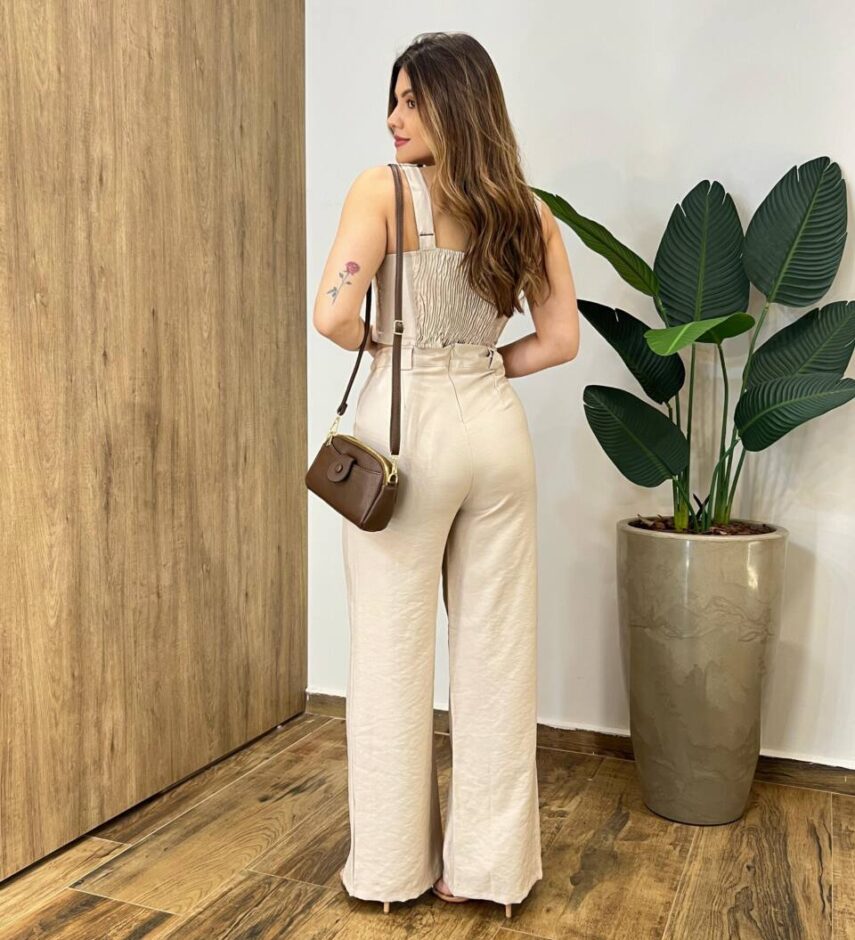 Conjunto Tayla Cropped sem Bojo Alça Regulável Calça Pantalona Bege - Fernanda Ramos Store