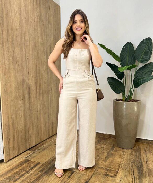 Conjunto Tayla Cropped sem Bojo Alça Regulável Calça Pantalona Bege - Fernanda Ramos Store