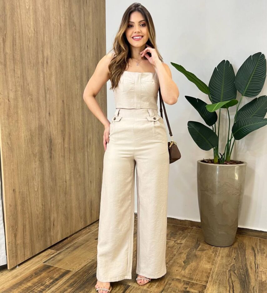 Conjunto Tayla Cropped sem Bojo Alça Regulável Calça Pantalona Bege - Fernanda Ramos Store