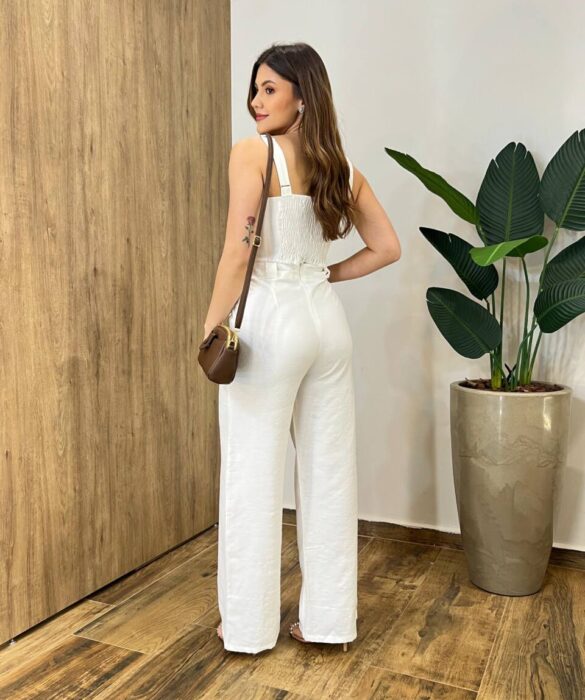 Conjunto Tayla Cropped sem Bojo Alça Regulável Calça Pantalona Branco - Fernanda Ramos Store