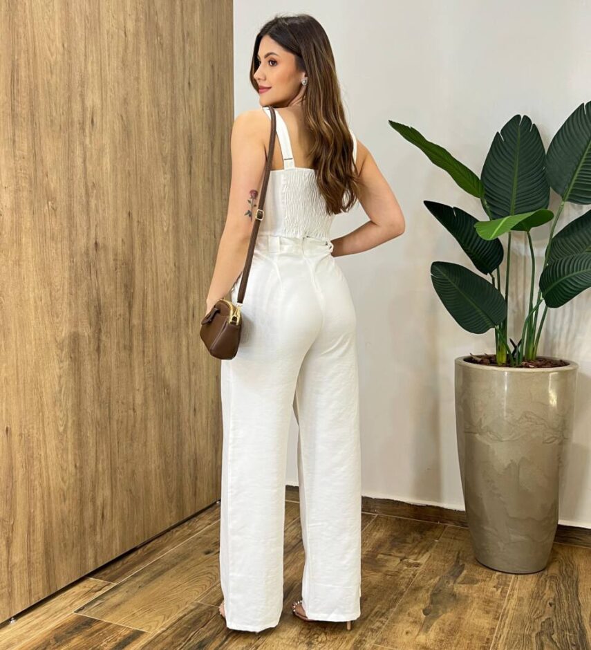 Conjunto Tayla Cropped sem Bojo Alça Regulável Calça Pantalona Branco - Fernanda Ramos Store