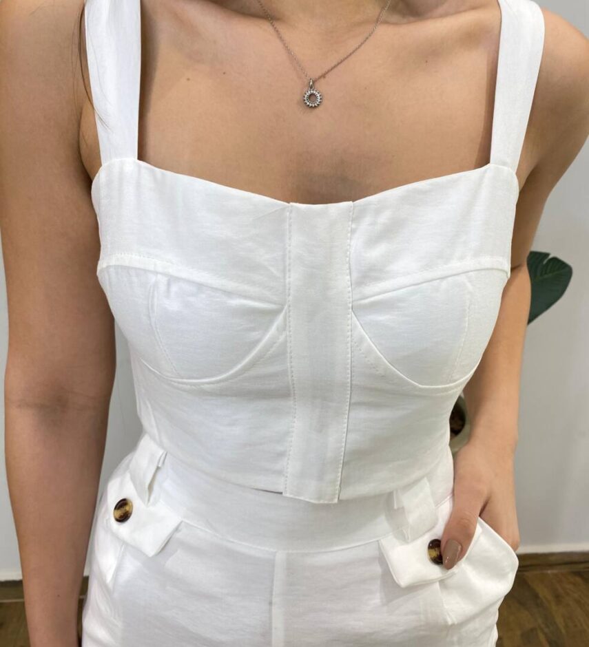 Conjunto Tayla Cropped sem Bojo Alça Regulável Calça Pantalona Branco - Fernanda Ramos Store