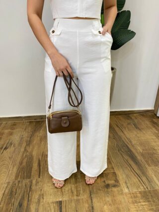 Conjunto Tayla Cropped sem Bojo Alça Regulável Calça Pantalona Branco - Fernanda Ramos Store