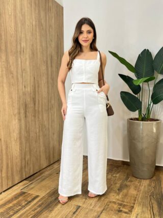 Conjunto Tayla Cropped sem Bojo Alça Regulável Calça Pantalona Branco - Fernanda Ramos Store