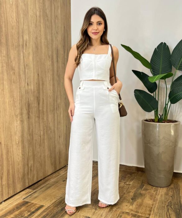 Conjunto Tayla Cropped sem Bojo Alça Regulável Calça Pantalona Branco - Fernanda Ramos Store