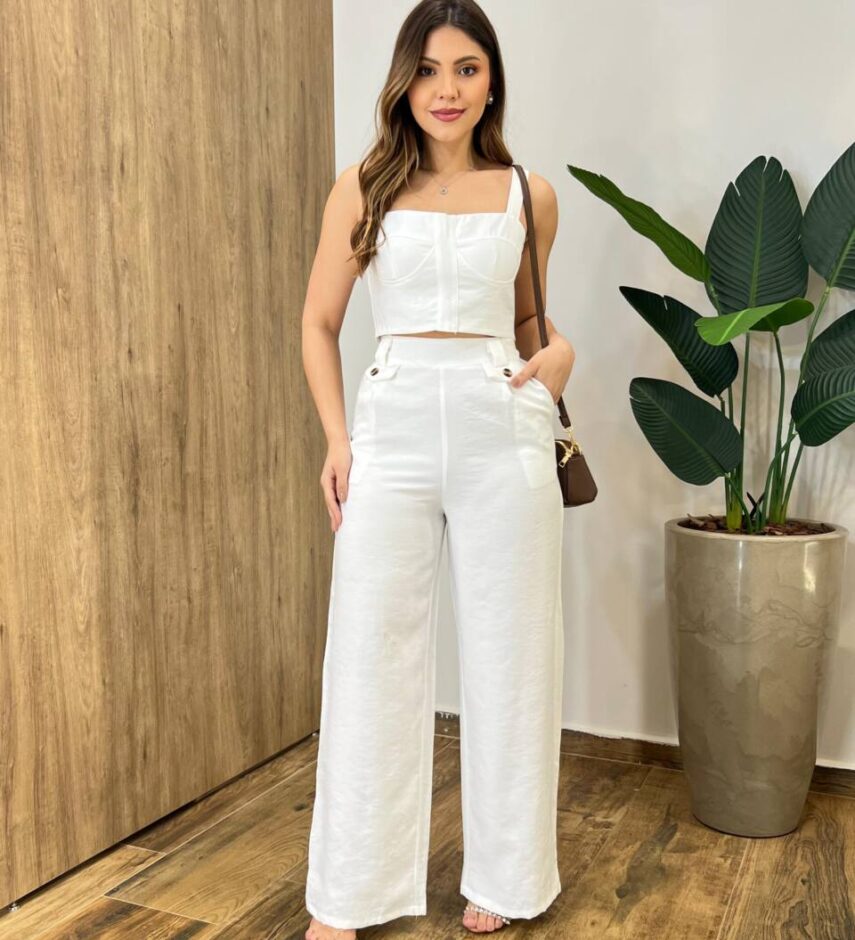 Conjunto Tayla Cropped sem Bojo Alça Regulável Calça Pantalona Branco - Fernanda Ramos Store