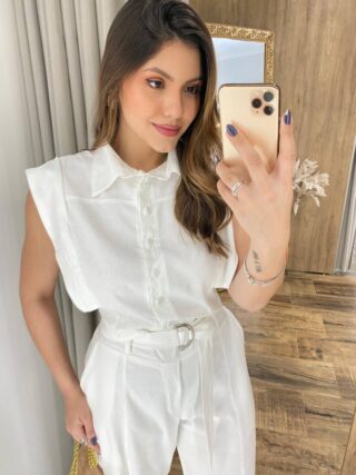 Conjunto Viscolinho Cropped e Calça Pantalona com Cinto Branco - Fernanda Ramos Store