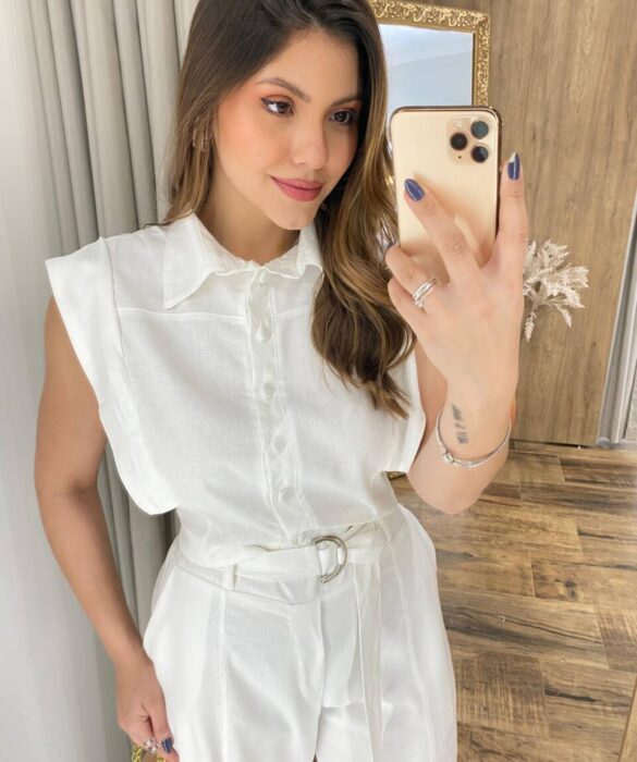 Conjunto Viscolinho Cropped e Calça Pantalona com Cinto Branco - Fernanda Ramos Store