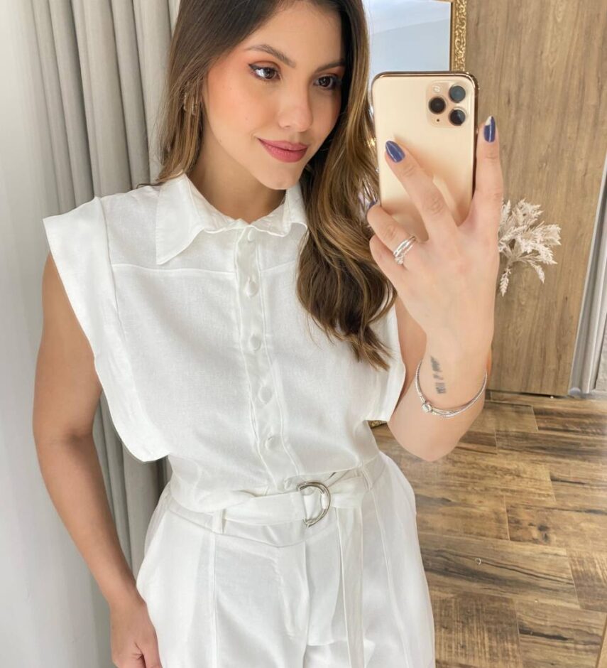 Conjunto Viscolinho Cropped e Calça Pantalona com Cinto Branco - Fernanda Ramos Store