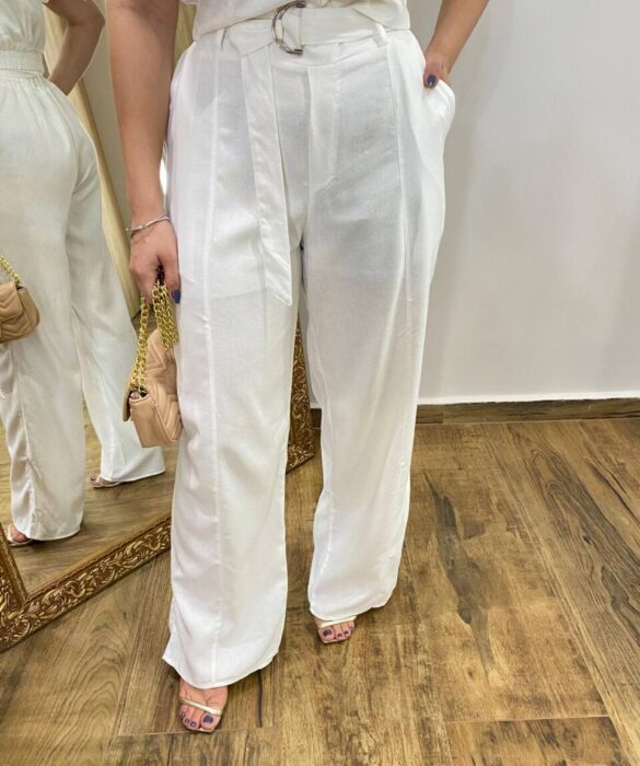 Conjunto Viscolinho Cropped e Calça Pantalona com Cinto Branco - Fernanda Ramos Store