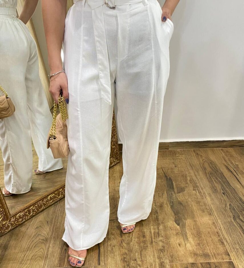 Conjunto Viscolinho Cropped e Calça Pantalona com Cinto Branco - Fernanda Ramos Store