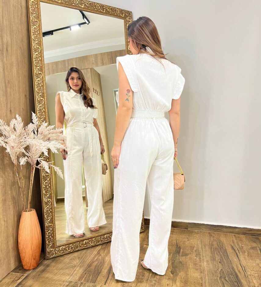Conjunto Viscolinho Cropped e Calça Pantalona com Cinto Branco - Fernanda Ramos Store