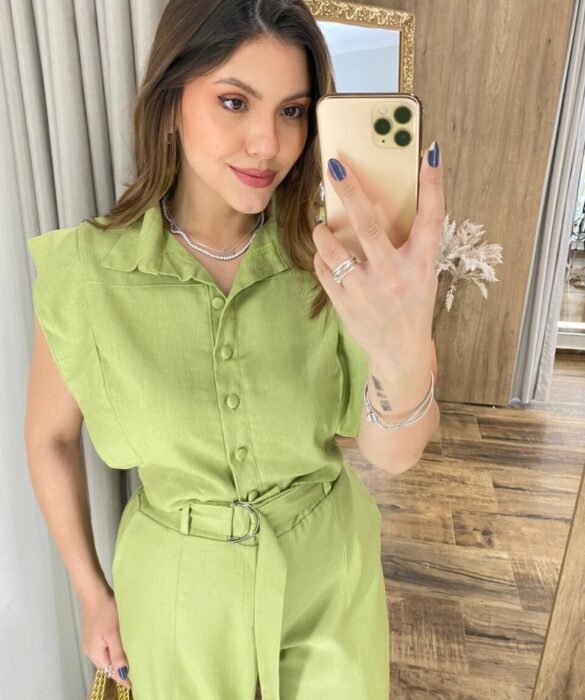 Conjunto Viscolinho Cropped e Calça Pantalona com Cinto Verde - Fernanda Ramos Store