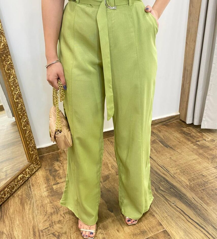 Conjunto Viscolinho Cropped e Calça Pantalona com Cinto Verde - Fernanda Ramos Store