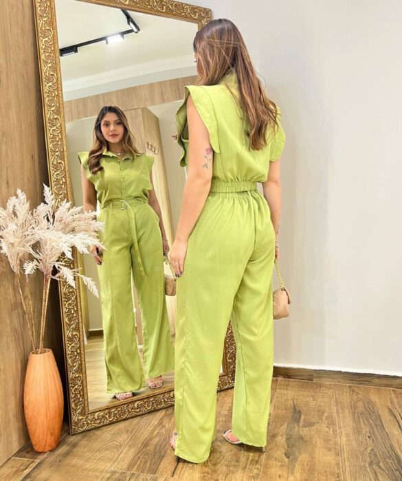 Conjunto Viscolinho Cropped e Calça Pantalona com Cinto Verde - Fernanda Ramos Store