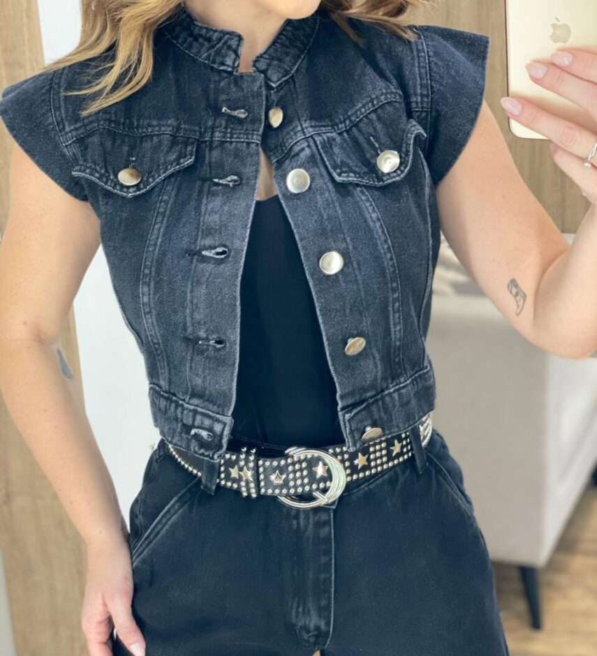 Cropped Feminino Ester sem Bojo Jeans com Botões Preto - Fernanda Ramos Store