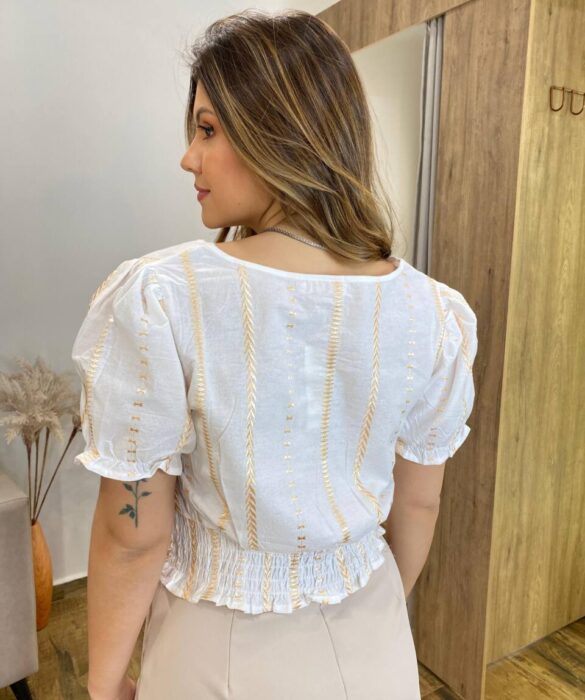 Cropped Feminino Manga Curta Isis Lastex com Detalhes Bordado Branco - Fernanda Ramos Store