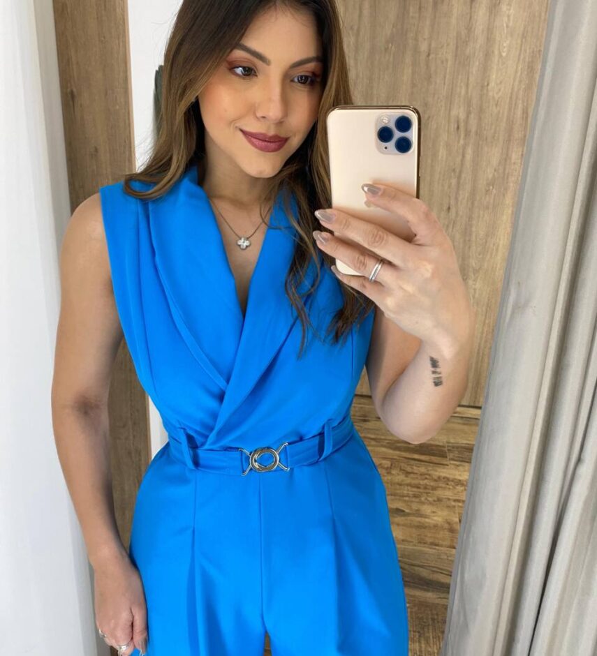 Macacão Longo Eduarda sem Bojo Azul com Cinto - Fernanda Ramos Store