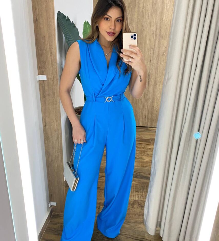 Macacão Longo Eduarda sem Bojo Azul com Cinto - Fernanda Ramos Store