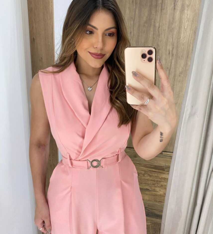 Macacão Longo Eduarda sem Bojo Rosa com Cinto - Fernanda Ramos Store
