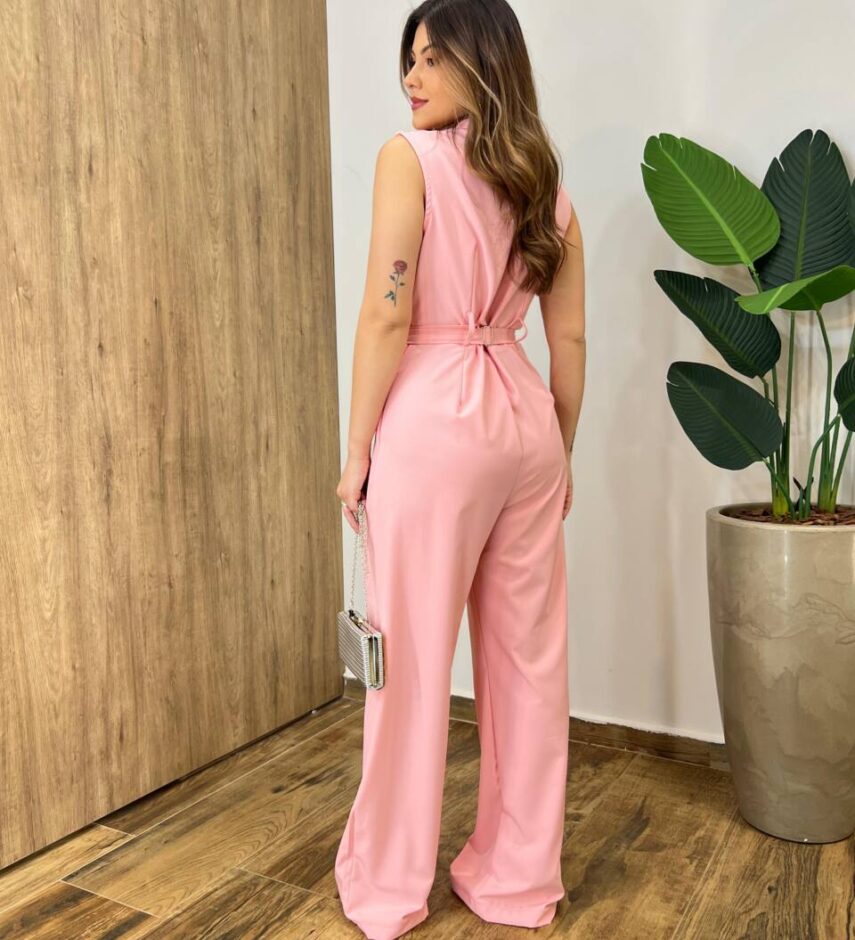 Macacão Longo Eduarda sem Bojo Rosa com Cinto - Fernanda Ramos Store