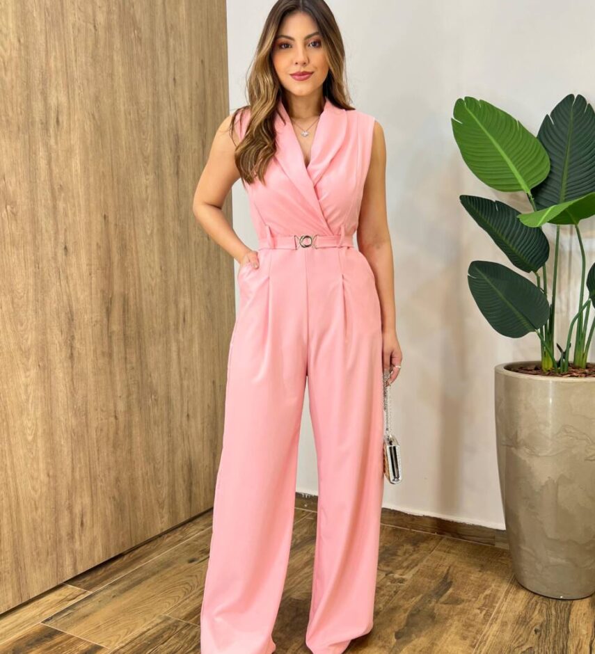 Macacão Longo Eduarda sem Bojo Rosa com Cinto - Fernanda Ramos Store