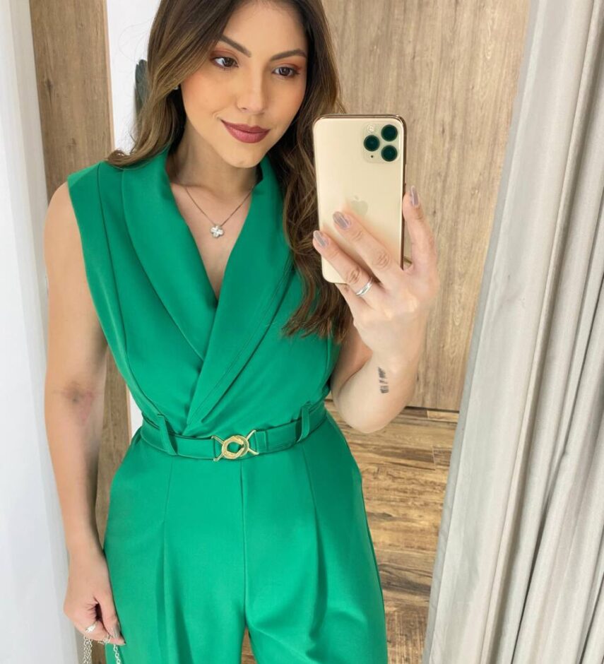 Macacão Longo Eduarda sem Bojo Verde Bandeira com Cinto - Fernanda Ramos Store